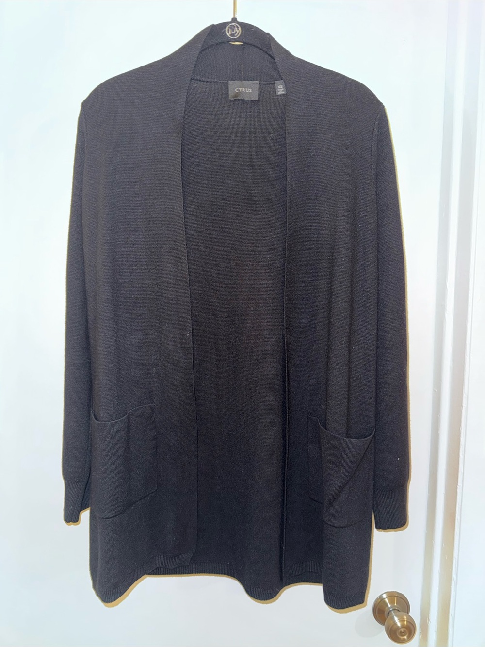 Cyrus Black Open-Front Knit Cardigan with Patch Pockets